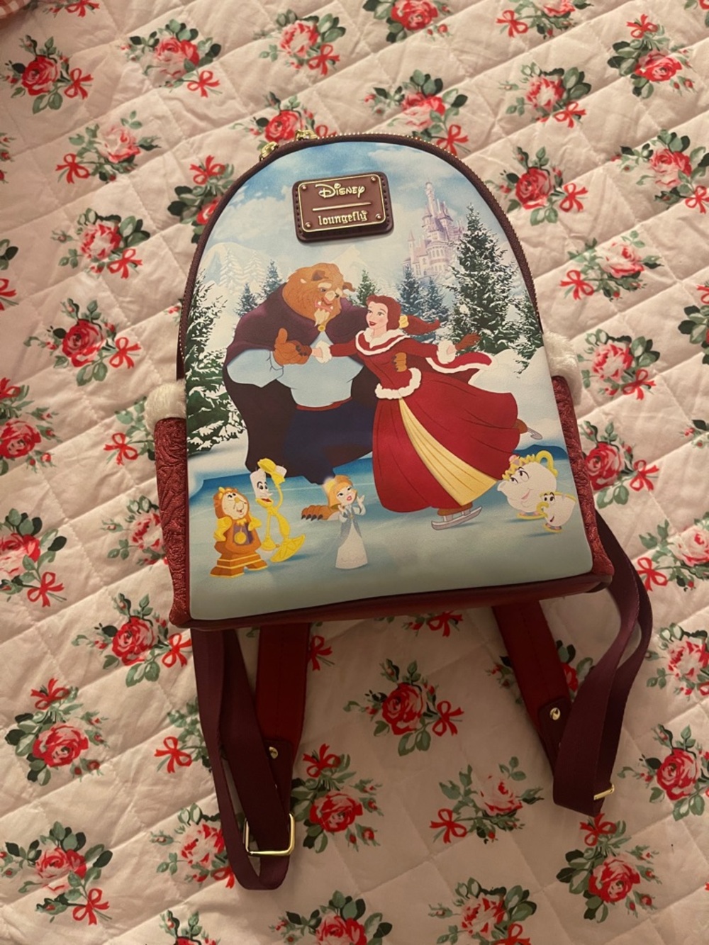 Loungefly Disney Beauty and the Beast Burgundy and Sky Blue Mini Backpack